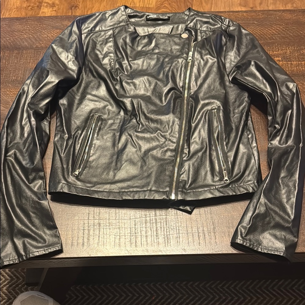 SHEIN Black Leather Moto Jacket with Asymmetrical Zipper